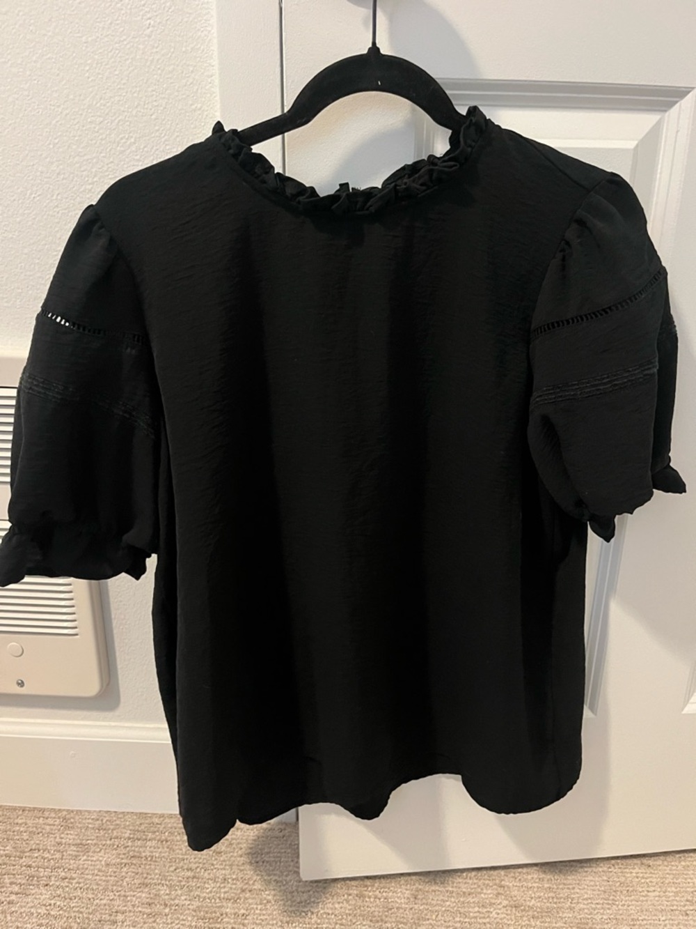 Black Ruffle Neck Puff Sleeve Blouse